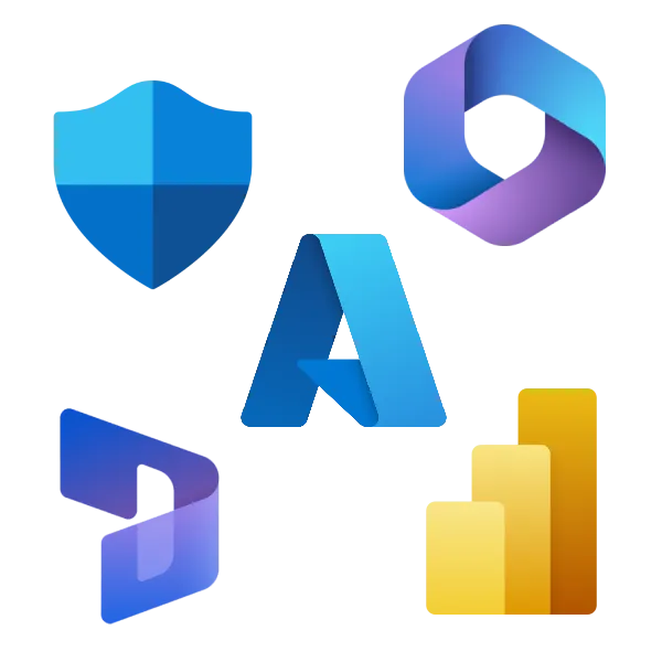 Group of Microsoft product badges floating