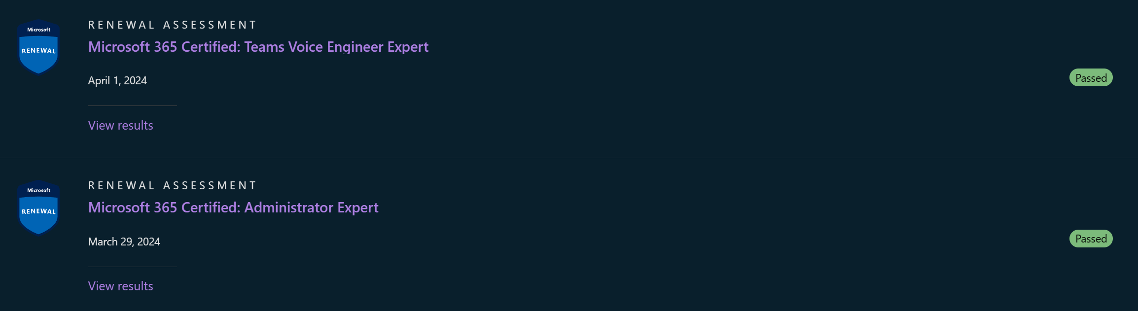 Microsoft Certification Dashboard Past renewal assessments